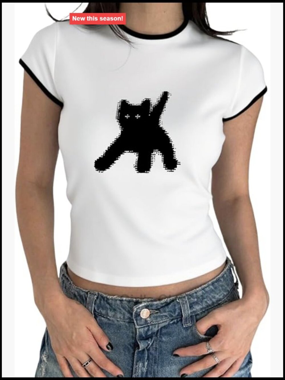 Y2K Cat Graphic Baby Tee - Slim Fit Crop Top for Women